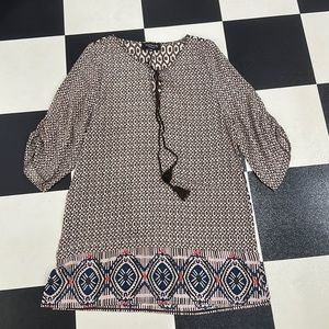 Feathers by Tolani brown printed dress and scrunched 3/4 length sleeves